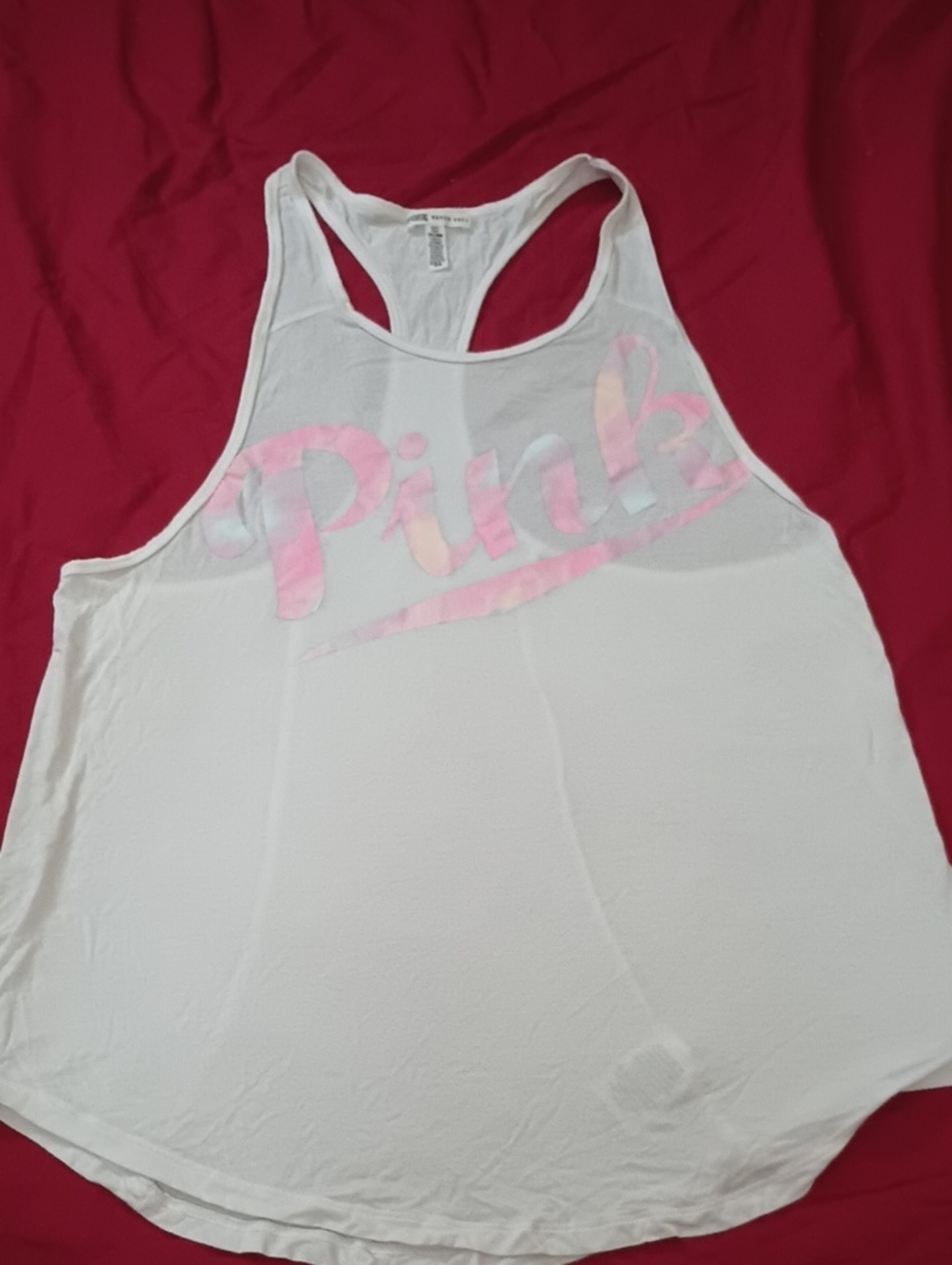PINK Victoria's Secret White Racerback Tank W/ Pink Gradient Logo Woman's Size S